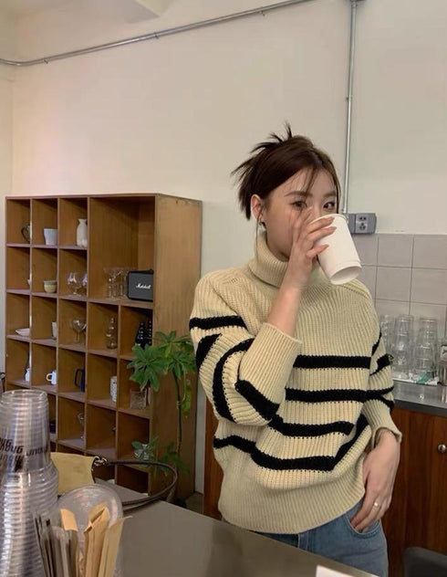 Women Turtle Neck Striped Pattern Knitted Sweater